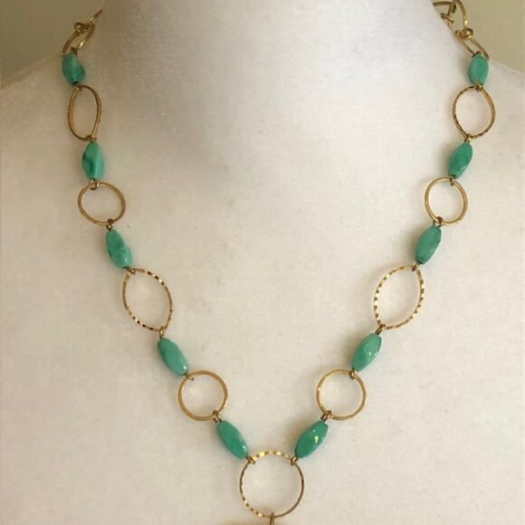 AVON Mother of Pearl Round Disc Turquoise Bead Gold Chain Necklace Vinta… - Picture 4 of 15